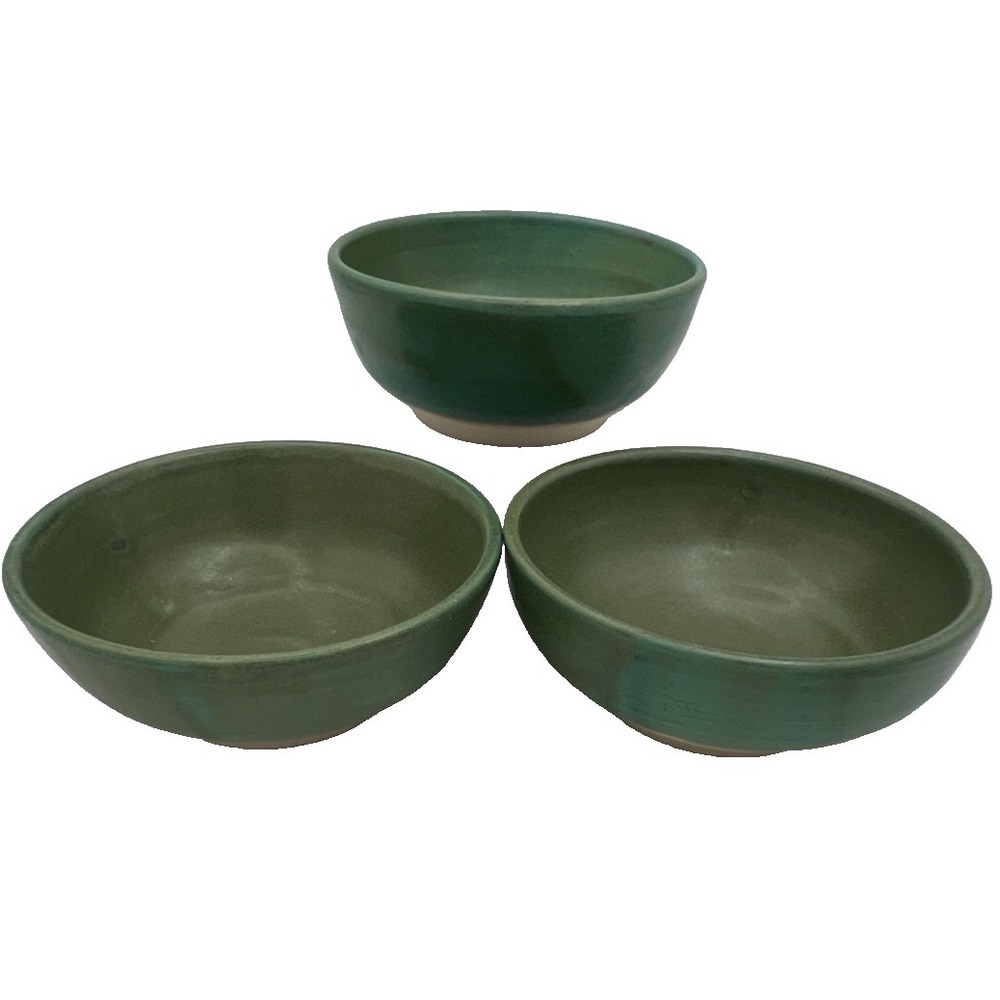 3 Studio Pottery Bowls Hand Thrown & Glazed Earthy Green Tones 6"
